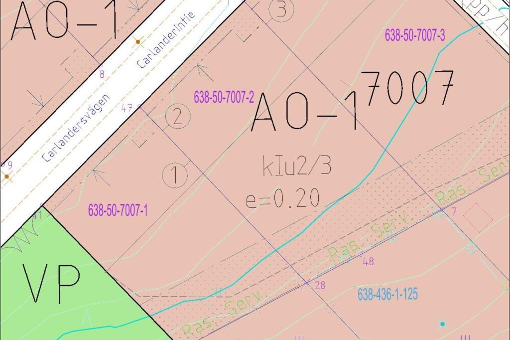 Ställe i detaljplanen med våningstalet kIu2/3. I våningstalet är I det romerska numret ett.