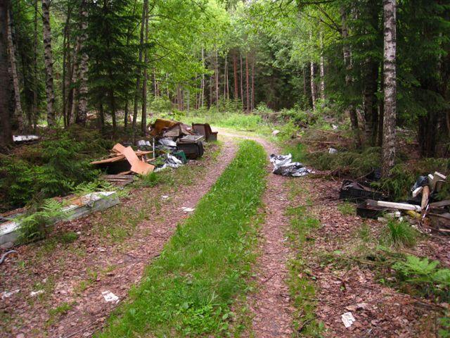 Jätteitä metsätien varrella.