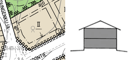 Kombination av två bilder. Den första på ställe i detaljplanen, där våningstalet är II understruket. I våningstalet är II det romerska numret två. Den andra på ett exempelhus på hur många våningar man får bygga om våningstalet i detaljplanen är understruket II.