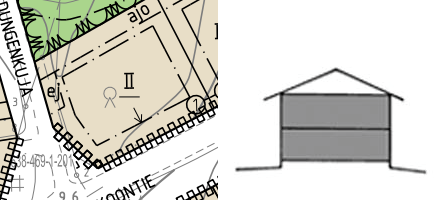 Yhdistelmä kahdesta kuvasta. Ensimmäisessä on asemakaavan kohta, missä on kerroslukumerkintä II alleviivattuna. Kerroslukumerkinnässä II on roomalainen numero kaksi. Toisessa on yksi esimerkkitalo siitä, kuinka monta kerrosta saa rakentaa, kun asemakaavan kerroslukumerkintä on alleviivattu II.