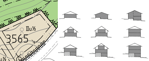 Kombination av två bilder. Den första på ställe i detaljplanen, där våningstalet är IIu1/2. I våningstalet är II det romerska numret två. Den andra på nio exempelhus på hur många våningar man får bygga om våningstalet i detaljplanen är IIu1/2.