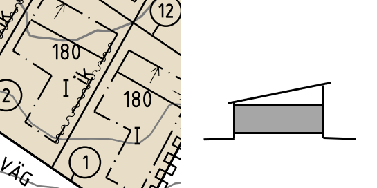 Kombination av två bilder. Den första på ställe i detaljplanen, där våningstalet är I. I våningstalet är I det romerska numret ett. Den andra på ett exempelhus på hur många våningar man får bygga, om våningstalet i detaljplanen är I.