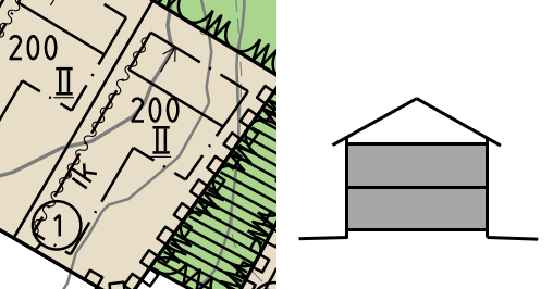 Kombination av två bilder. Den första på ställe i detaljplanen, där våningstalet II är understruket. I våningstalet är II det romerska numret två. Den andra på ett exempelhus på hur många våningar man får bygga, om våningstalet i detaljplanen är ett understruket II.