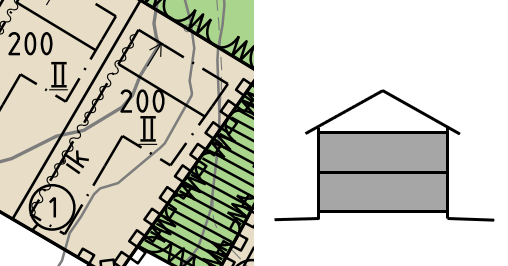 Yhdistelmä kahdesta kuvasta. Ensimmäisessä on asemakaavan kohta, missä kerroslukumerkintä II on alleviivattuna. Kerroslukumerkinnässä II on roomalainen numero kaksi. Toisessa on yksi esimerkkitalo siitä, kuinka monta kerrosta saa rakentaa, kun asemakaavan kerroslukumerkintä on alleviivattu II.