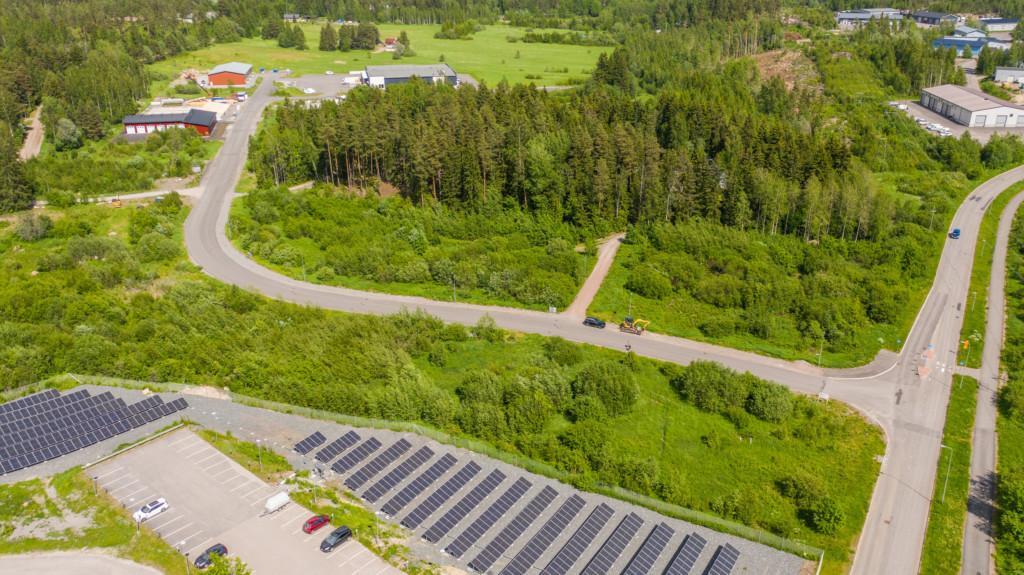 Stadshagsvägens tomter med omgivande landskap, flygfoto.