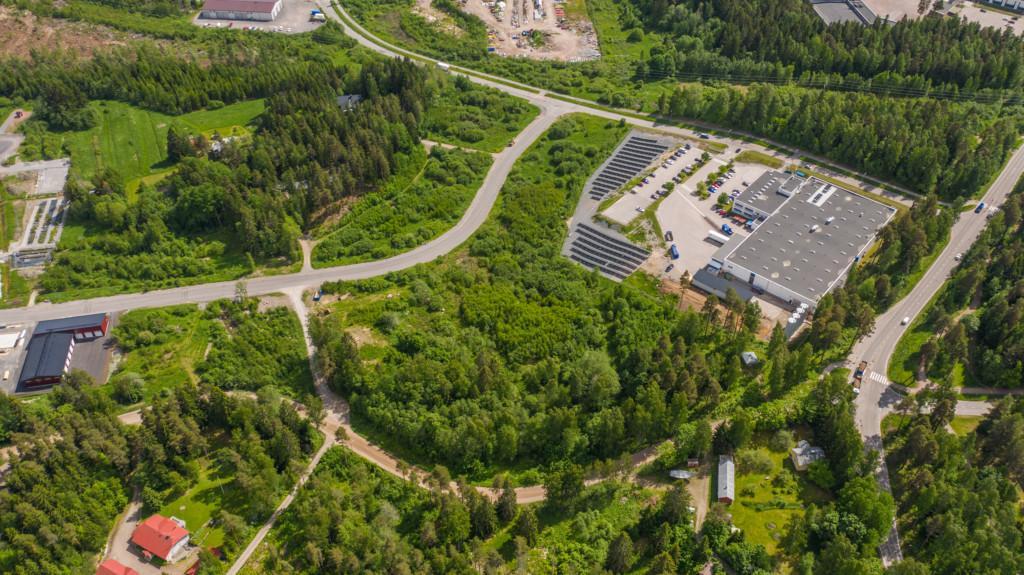 Stadshagsvägens tomter med omgivande landskap, flygfoto.