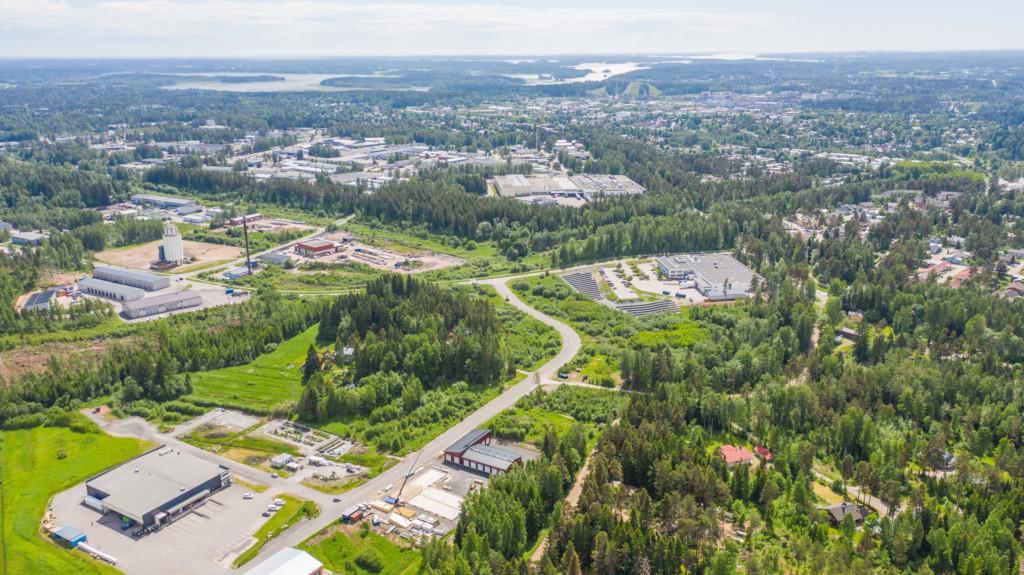 Stadshagsvägens tomter med omgivande landskap, flygfoto.