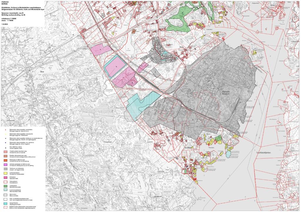 Kartta Kilpilahden, Kulloon ja Mickelsbölen osayleiskaava-alueen nykyisestä maankäytöstä. Osa B.