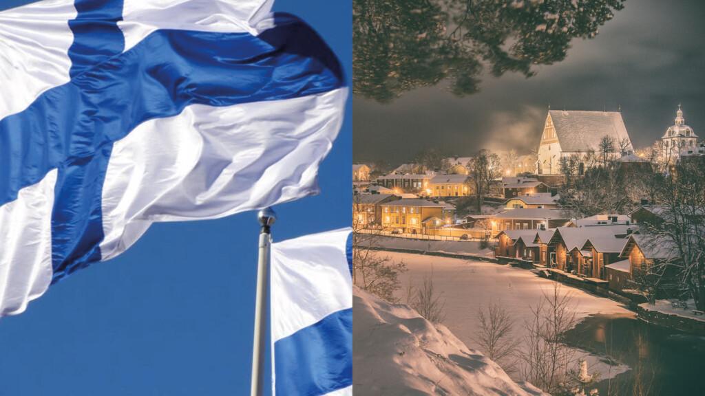 Suomen liput liehuu ja Porvoon talvimaisema.