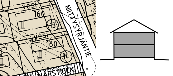 Kombination av två bilder. Den första på ställe i detaljplanen, där våningstalet II är understruket. I våningstalet är II det romerska numret två. Den andra på ett exempelhus på hur många våningar man får bygga i kvarteren 5720, om våningstalet i detaljplanen är understruket II.