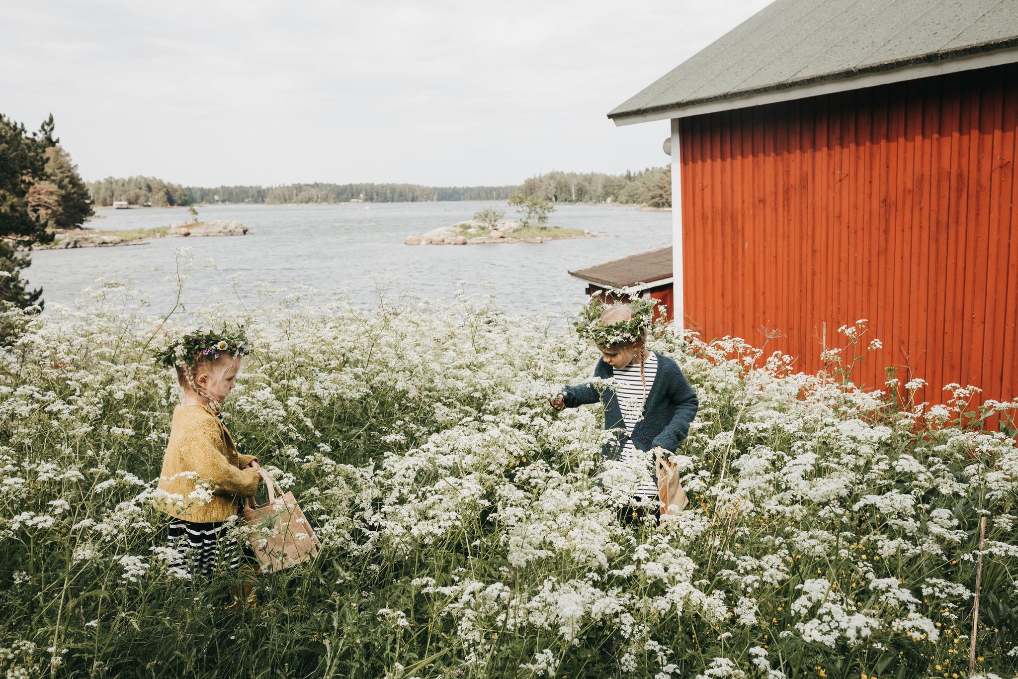 Lapset leikkivät kesäisellä niityllä saaristossa.