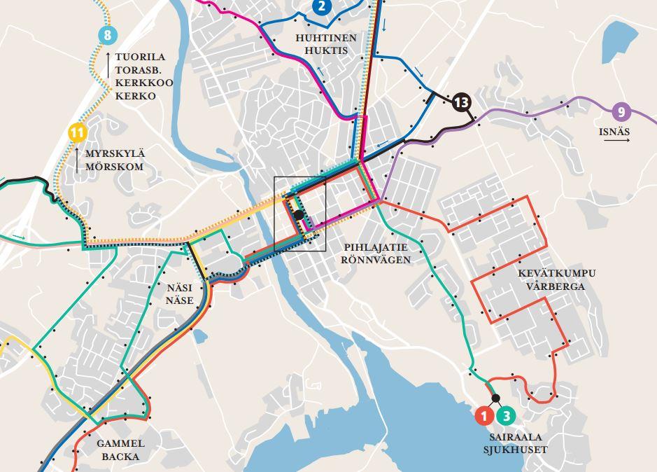 Bussilinjoja kartalla Porvoossa. Linjat on lueteltu tekstimuodossa erikseen samalla verkkosivulla.