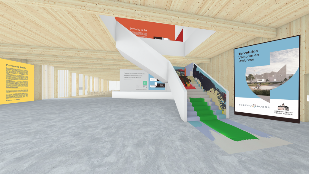 3D modelled art museum. Entrance hall with art-covered stairway.