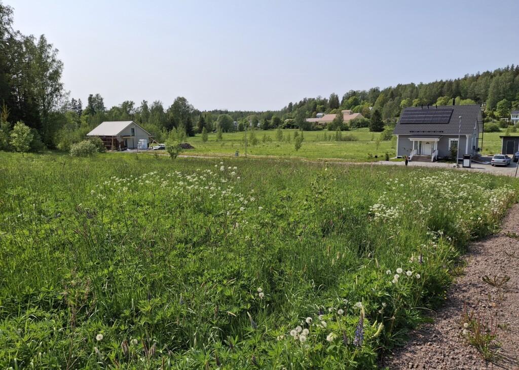 Maaseutumaisema: Etualalla niitty rakentamattomilla tonteilla, taustalla kaksi taloa, joiden välissä rakentamattomia tontteja. Kauempana peltoaukean toisella puolella lisää taloja ja metsää. Valokuva.