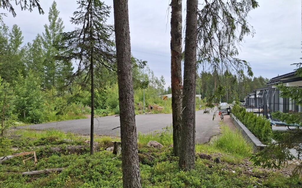Rakentamaton omakotitontti osoitteessa Johannantie 11 kuvan vasemmassa laidassa. Tontilla kasvaa pensaikkoa ja nuorta puustoa. Kuvan etualalla tontin vieressä kasvavaa metsää ja oikeassa laidassa kadun vastapäisiä omakotitaloja.