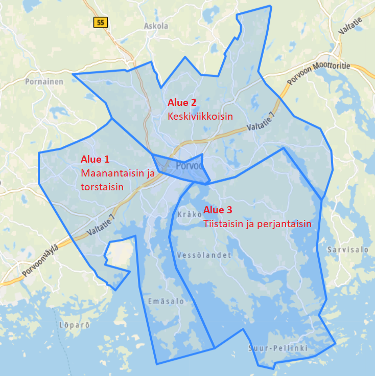 Kyläkyydin arkipäivän alueet.