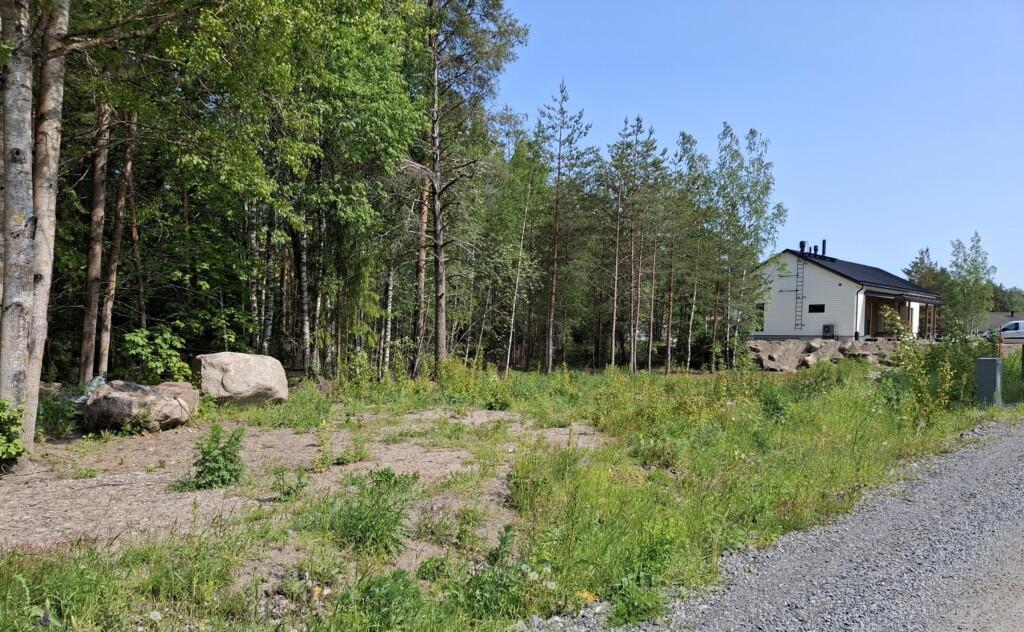 Valokuva rakentamattomista tonteista Sammalsuontien varrella. Taustalla rakenteilla oleva omakotitalo.