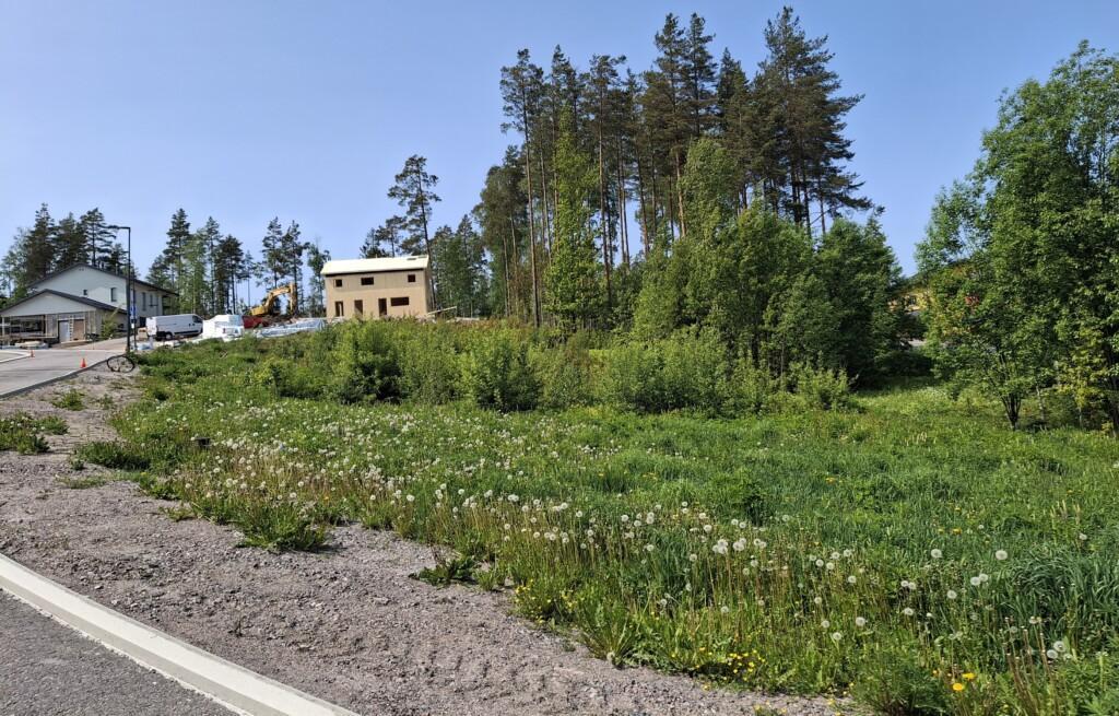 Valokuvassa etualalla kolme rakentamatonta tonttia ja niiden takana kaksi rakenteilla olevaa omakotitaloa.