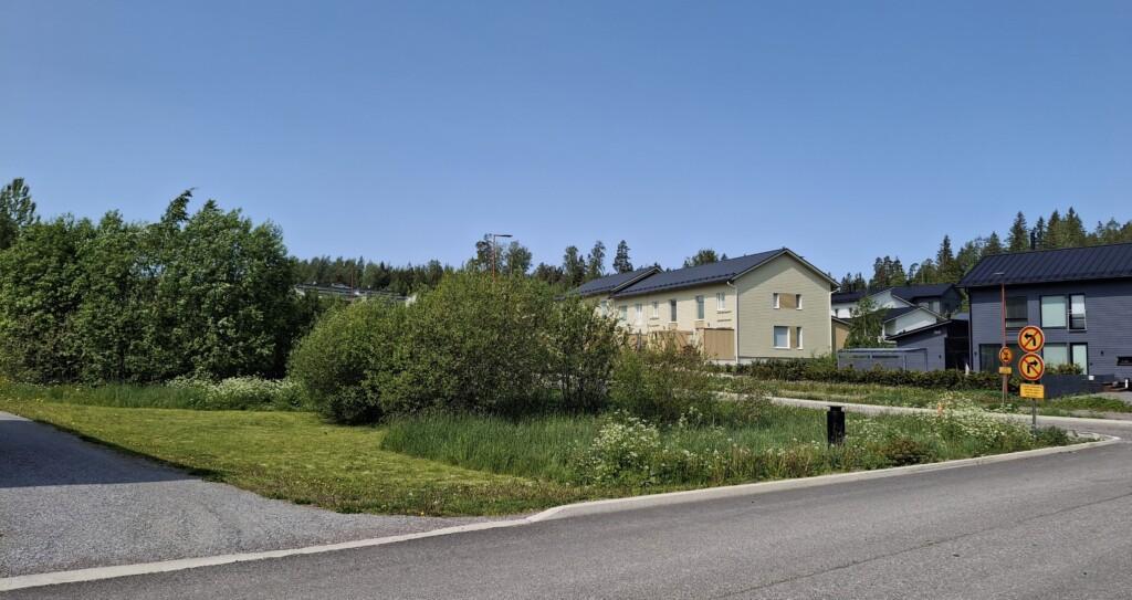 Valokuva rakentamattomasta tontista osoitteessa Uljaksentie 20. Tontilla kasvaa heinikkoa ja pensaita tai nuoria lehtipuita, oikeassa laidassa näkyy kadun toisella puolella oleva omakotitalo ja vähän kauempana rivitalo.