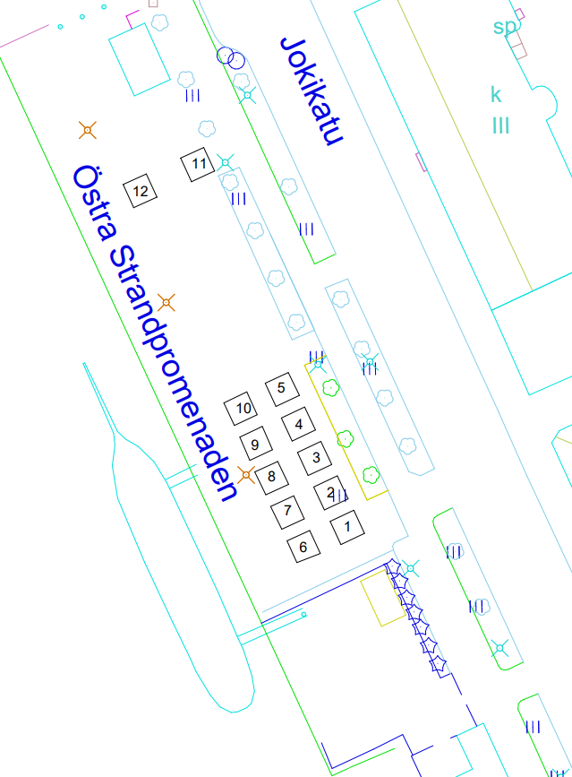 Karta över torgplatser vid Åstranden.