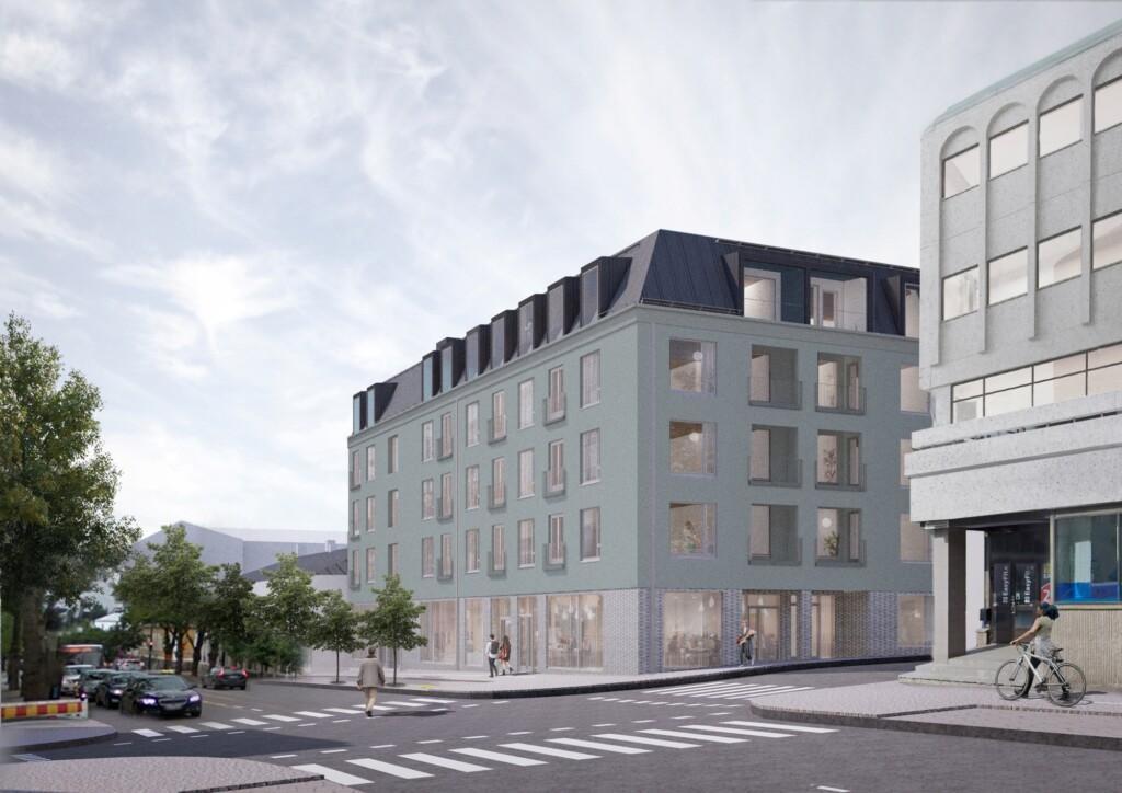 Detaljplan 565, kvarter 18. Illustrationsbild av det nya flervåningshuset sett från Mannerheimsgatan. I förgrunden syns en bilväg och fotgängare, i bakgrunden en ny grönskande byggnad.