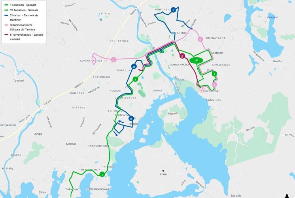 Kuva paikallisliikenteen kesän reiteistä 2026