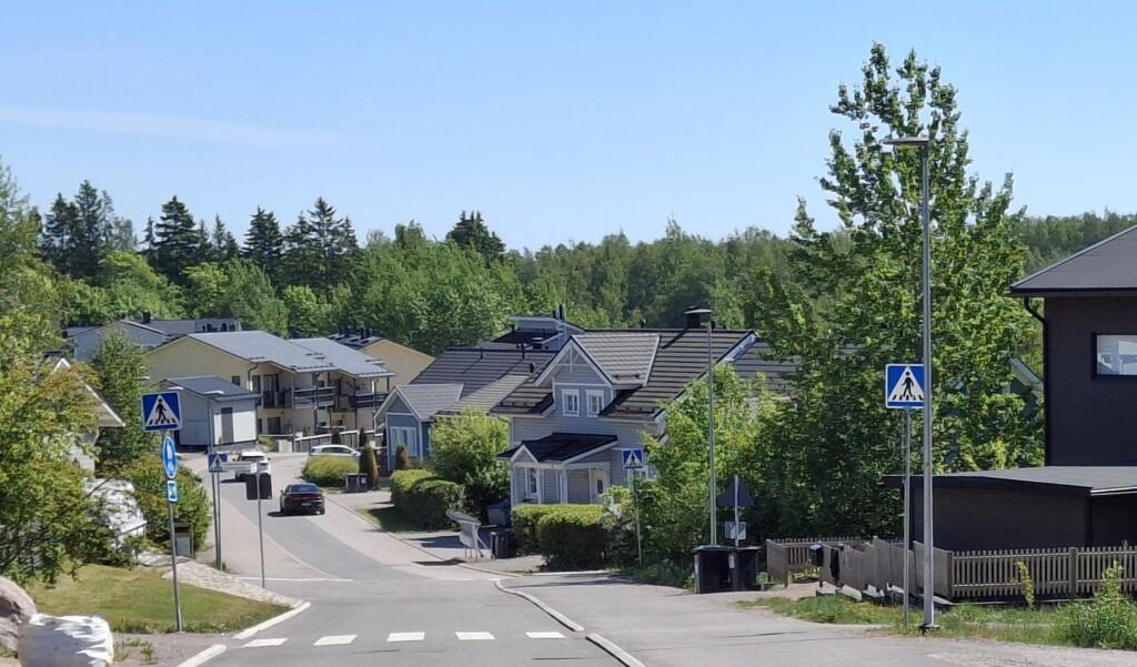 Valokuva, katunäkymä pientaloalueelta. Toisena oikealla rakentamaton tontti Haikkoonlammentörmä 2, missä kasvaa puita.