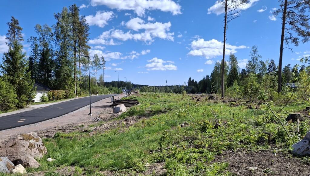Valokuva. Skaftkärrintien varren tyhjiä tontteja ja yksi rakennettu talo. Maisemassa myös alkukesän vihreyttä ja puustoa.