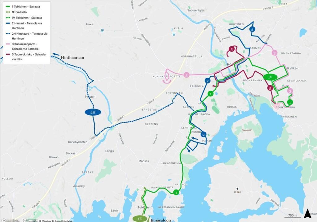 Kuva paikallisliikenteen reittikartasta 2026-2027