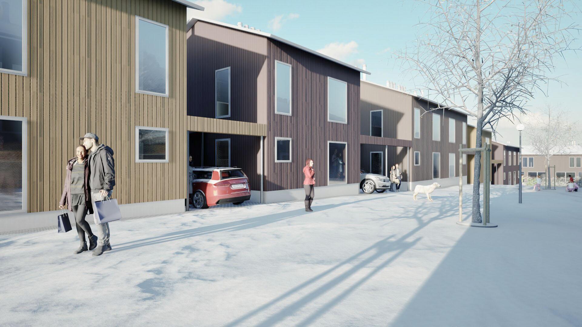 Etelä-Kevätkummun asemakaava-alueen toteutustavan havainnekuva, jossa puuverhoiltuja asuinrakennuksia talviauringossa. Maassa lunta ja pihalla sekä kadulla liikkuu ihmisiä. Muutama lehdetön lehtipuu.