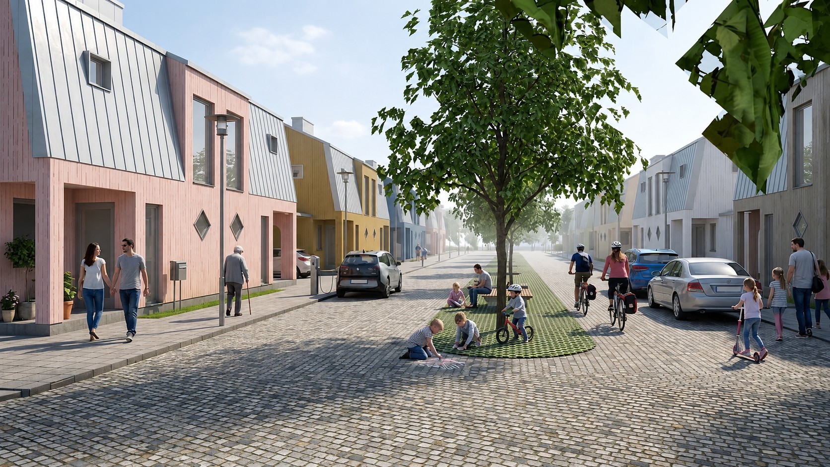 I illustrationsbilden är bostadshusen placerade längs gatans båda sidor. I mitten av gaturummet finns en trädrad, med gårdsgator på båda sidor om den.