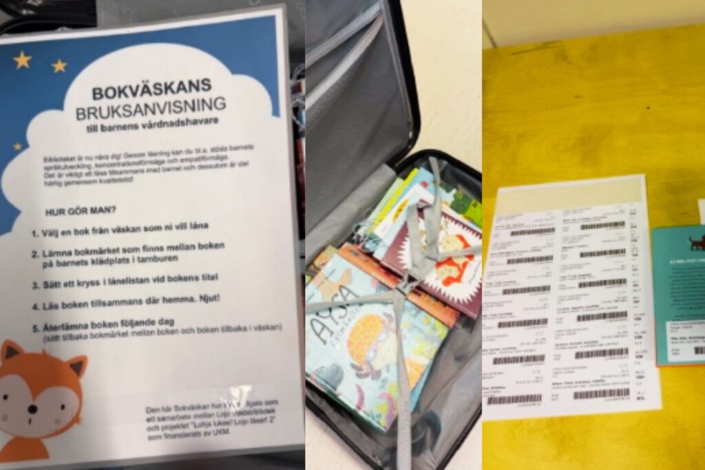 Kuvakollaasi, jossa ohjelappu, matkalaukku täynnä kirjoja, tulostettuja tarroja kirjoihin.