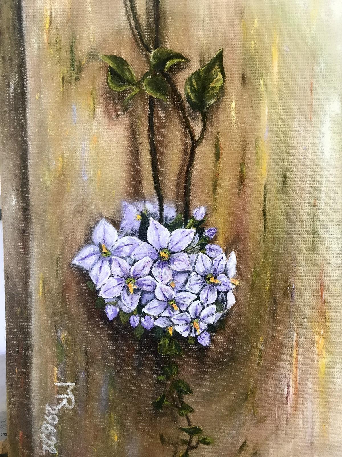 Maalaus violeteista kukista.