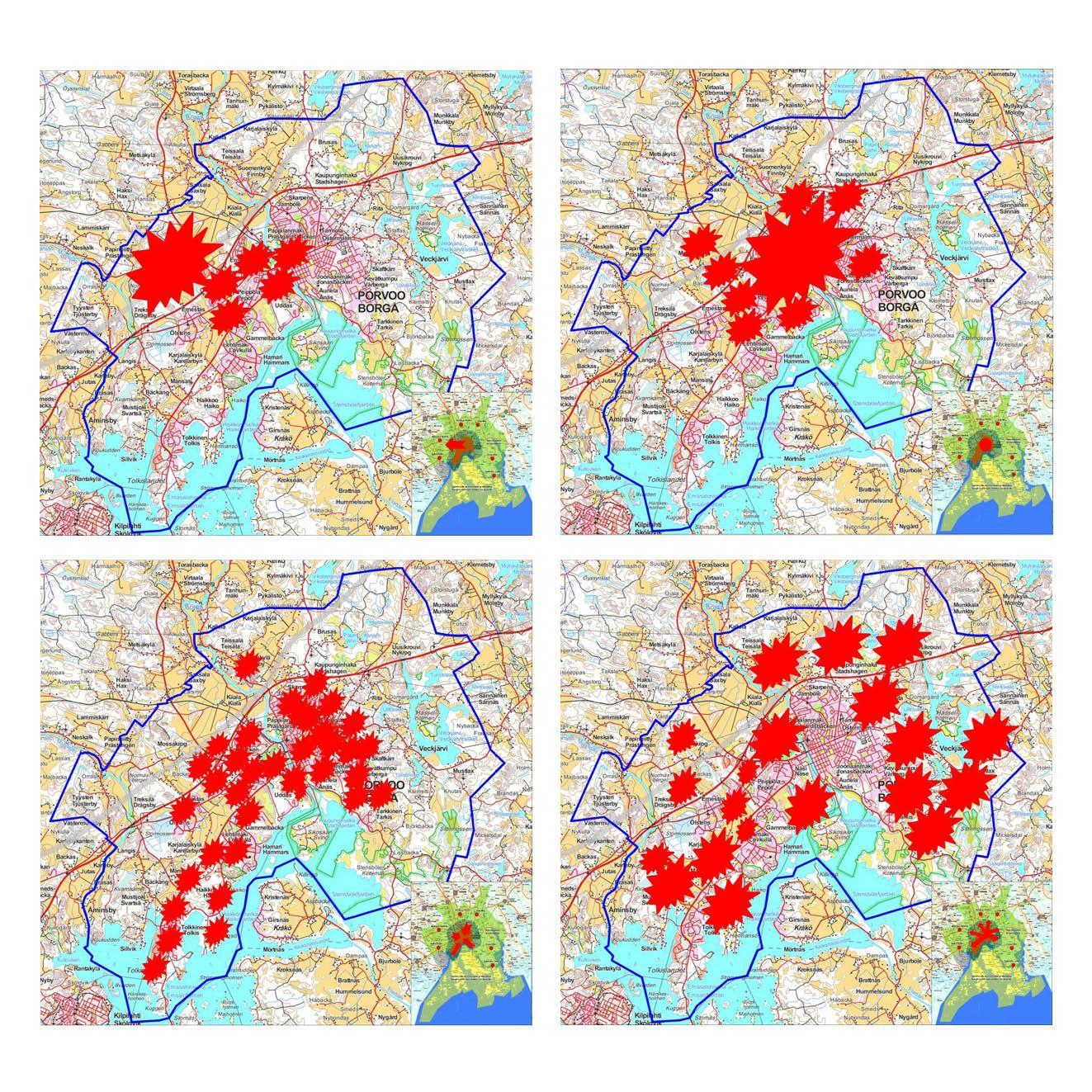 Porvoon keskeisten alueiden osayleiskaavan rakennemallivaihtoehdot kartalla