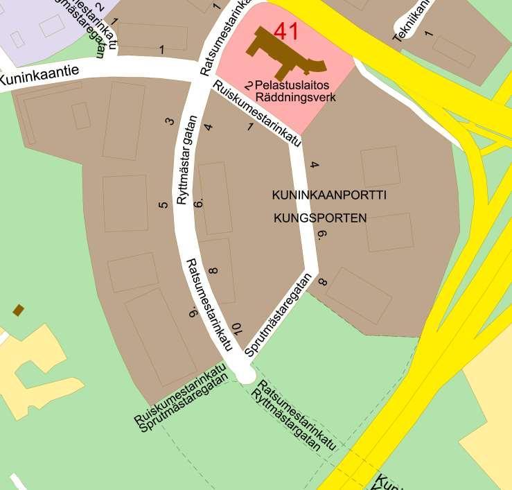 Työmaa-aluetta kuvaava kartta Ratsumestarin- ja Ruiskumestarinkadun jatkeiden louhintatöiden räjäytyksistä viikon 40 alussa.
