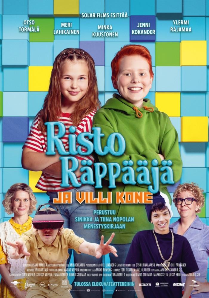 Ruskeatukkainen tyttö ja punatukkainen poika seisovat kädet ristissä keskellä kuvaa. Taustassa eri värisiä neliöitä. Kuvan alalaidassa neljä aikuista henkilöä.