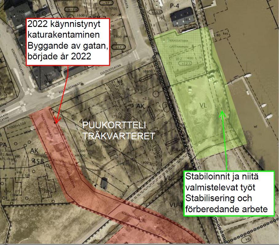 Kartta Länsirannan esirakennustöistä.