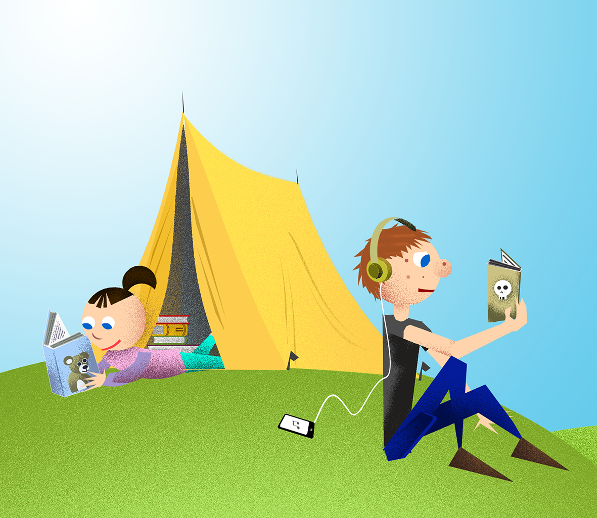 Kaksi henkilöä lukee kirjaa ulkona teltan vieressä.