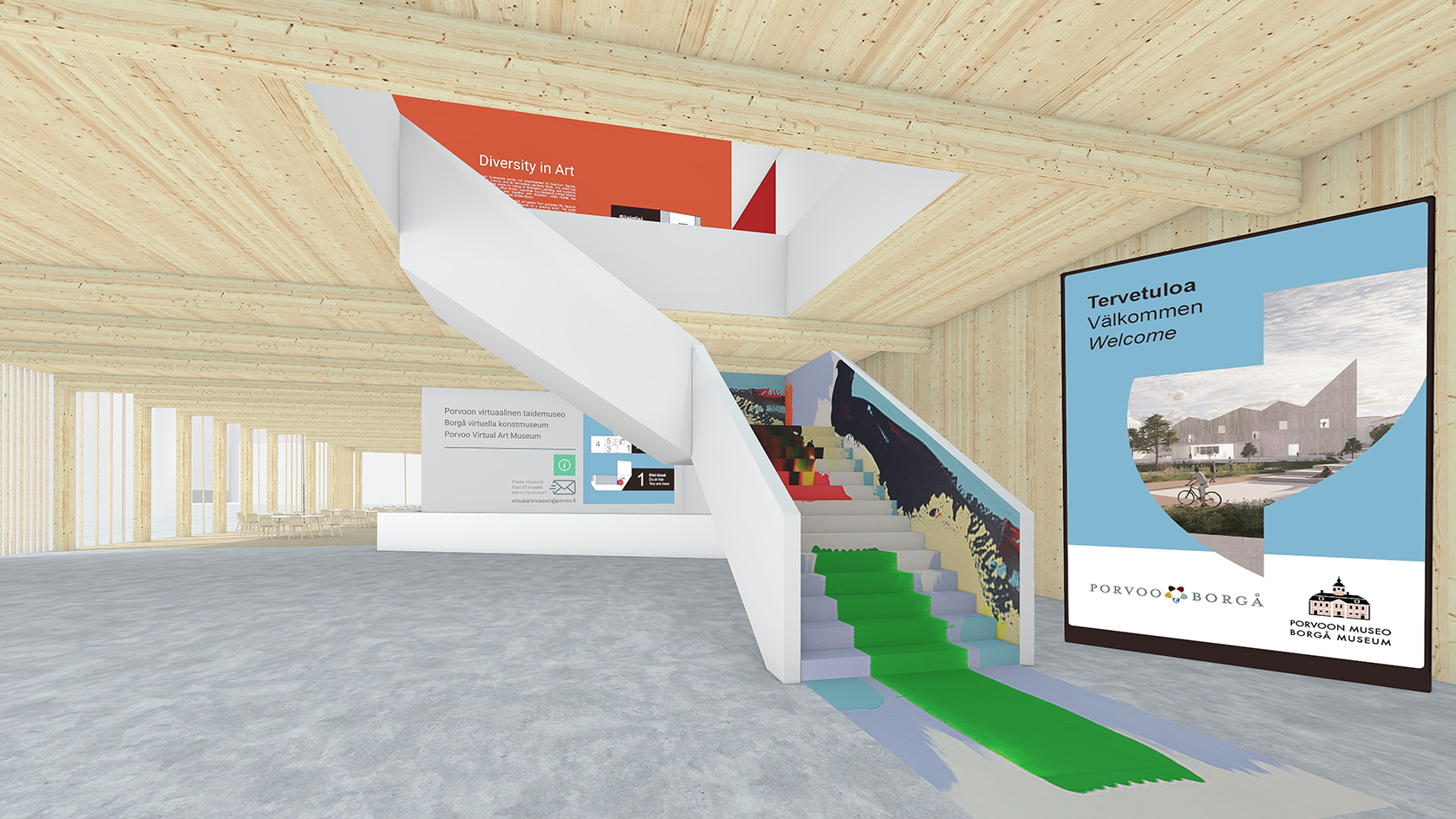 Virtuaalisen taidemuseon aula. Tervetuloa-kyltti oikealla ja maalauksin koristellut portaat keskellä.