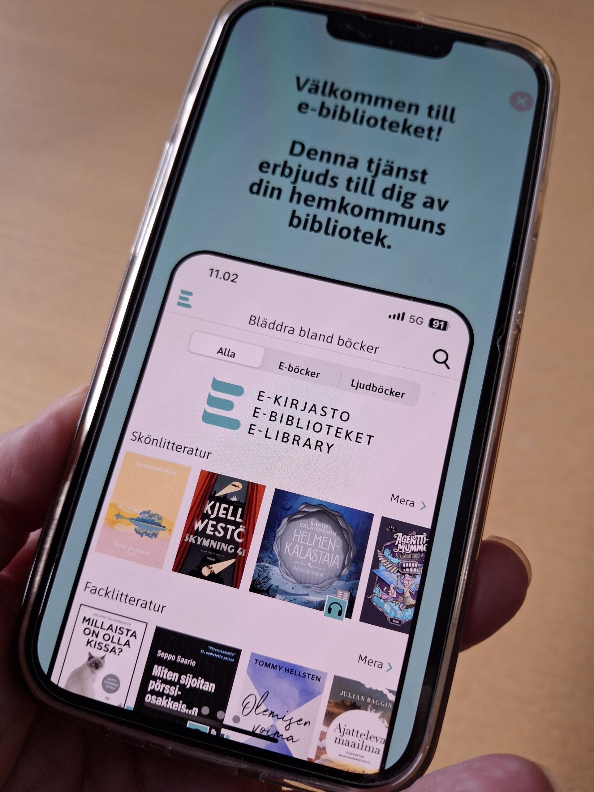 e-biblioteket öppnad på en mobiltelefon