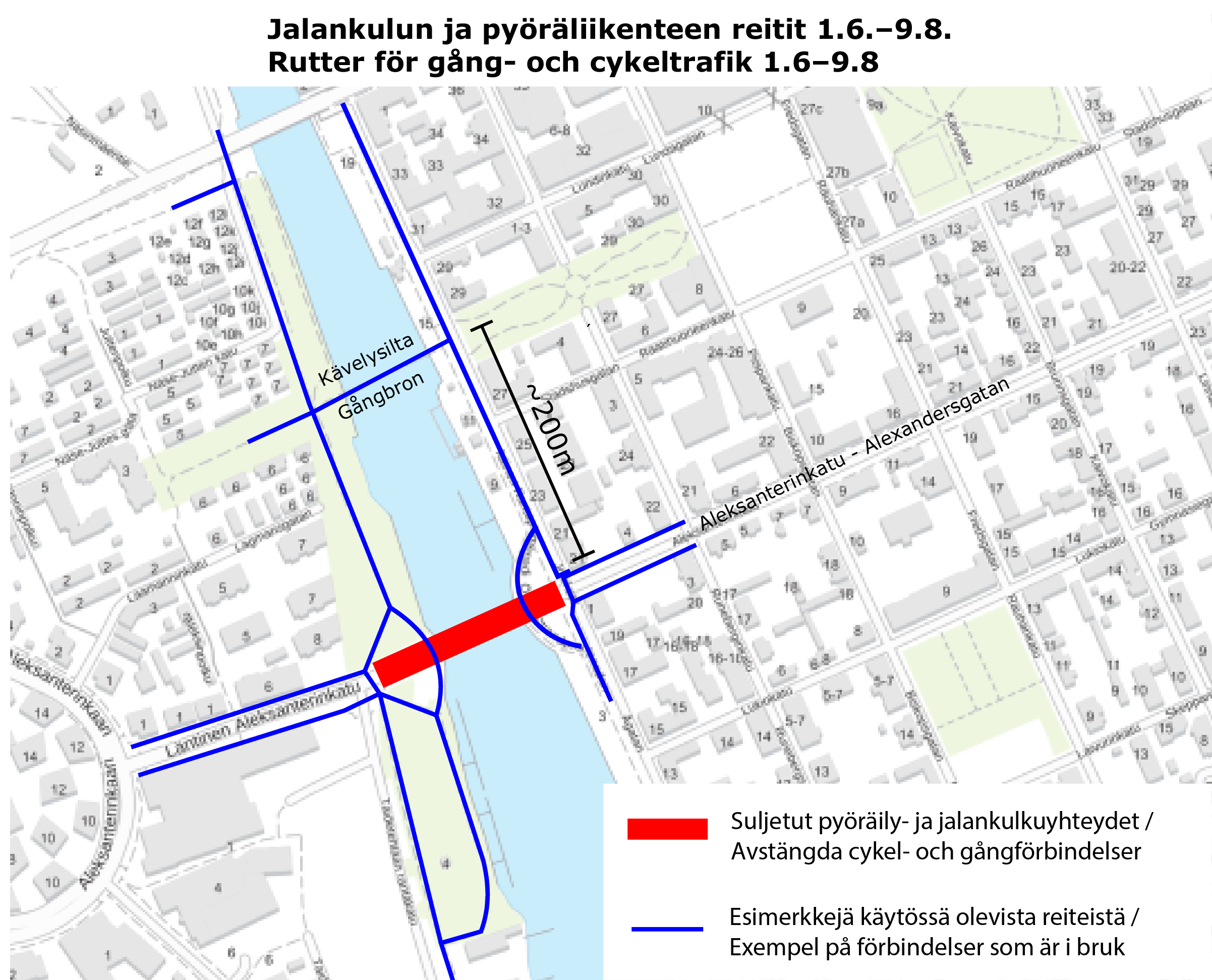Rutter för gång- och cykeltrafik under sommaren  2026 nära Alexandersgatans bro.