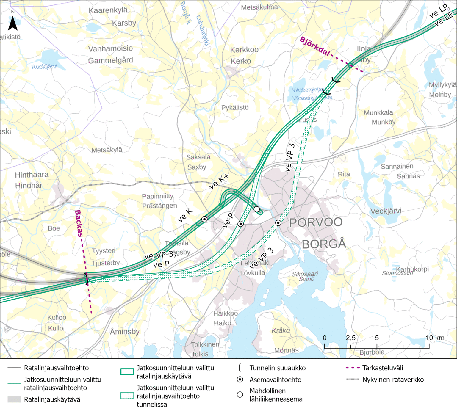 Itäradan tunnelivaihtoehdot.
