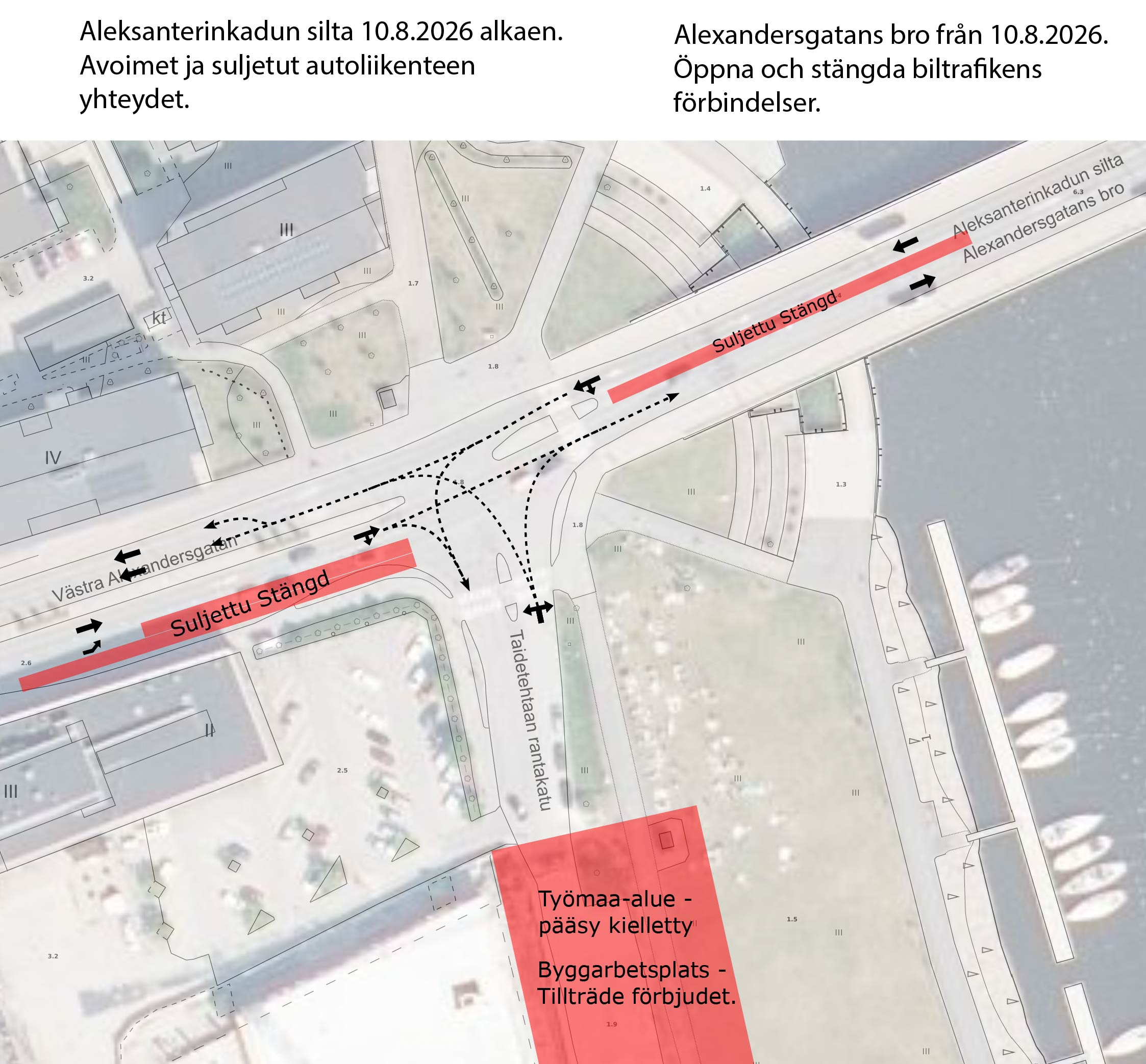 Kartabild av biltrafikförbindelser över Alexandersgatans bro från och med den 10 augusti 2026.