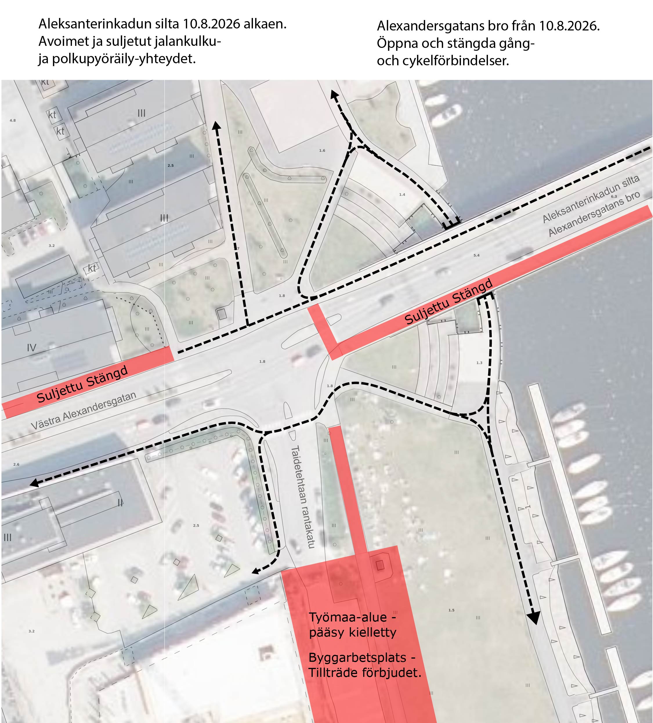Kartabild av gång- och cykelförbindelser längs Alexandersgatans bro från och med den 10 augusti 2026.