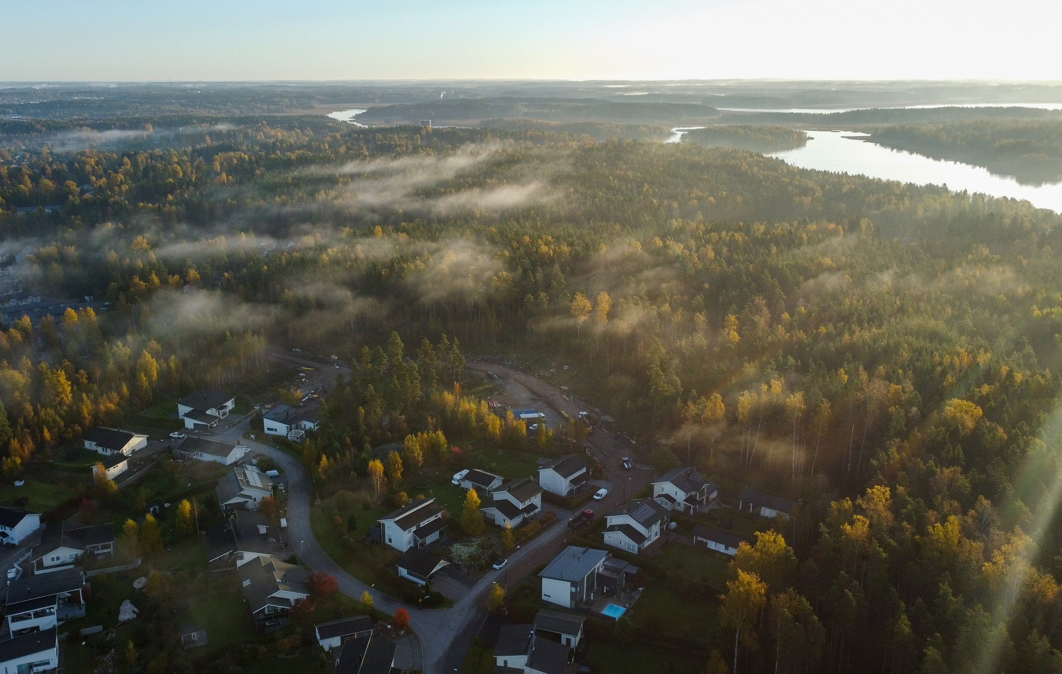 Ilmakuva omakotialueesta ja metsästä.