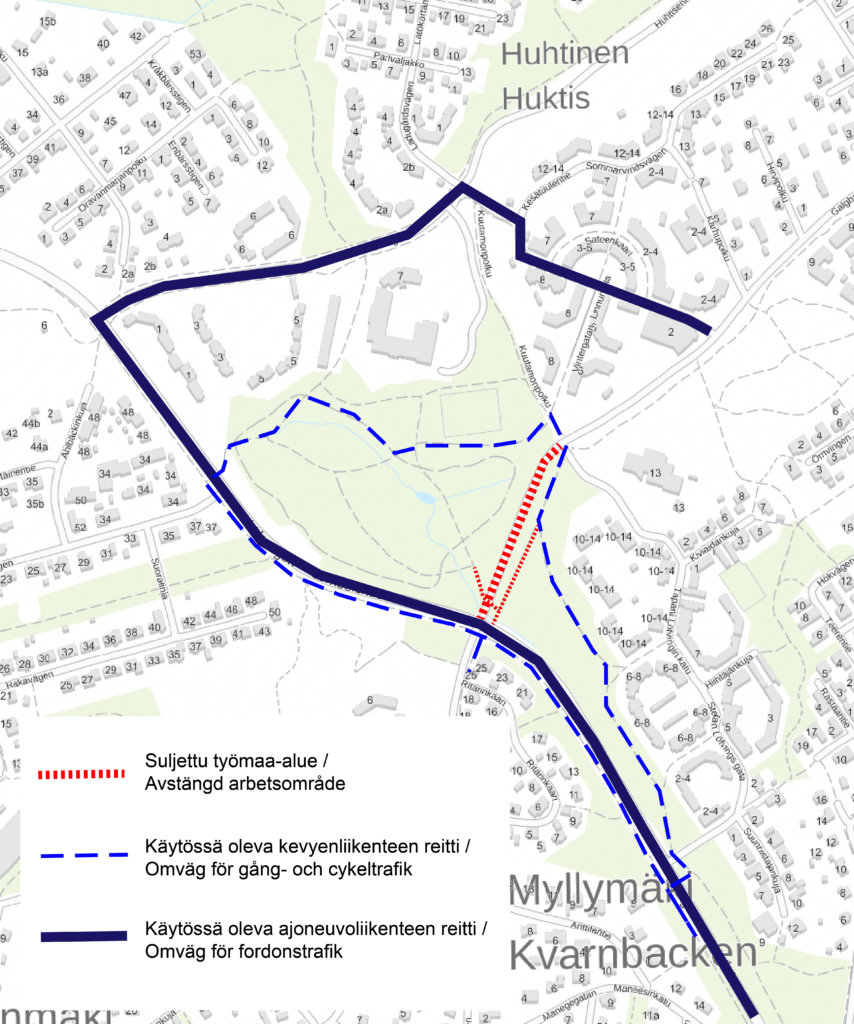 Karttakuva Ritarinpuiston suljetusta työmaa-alueesta sekä kiertotiet ajoneuvoliikenteelle ja kevyelle liikenteelle.